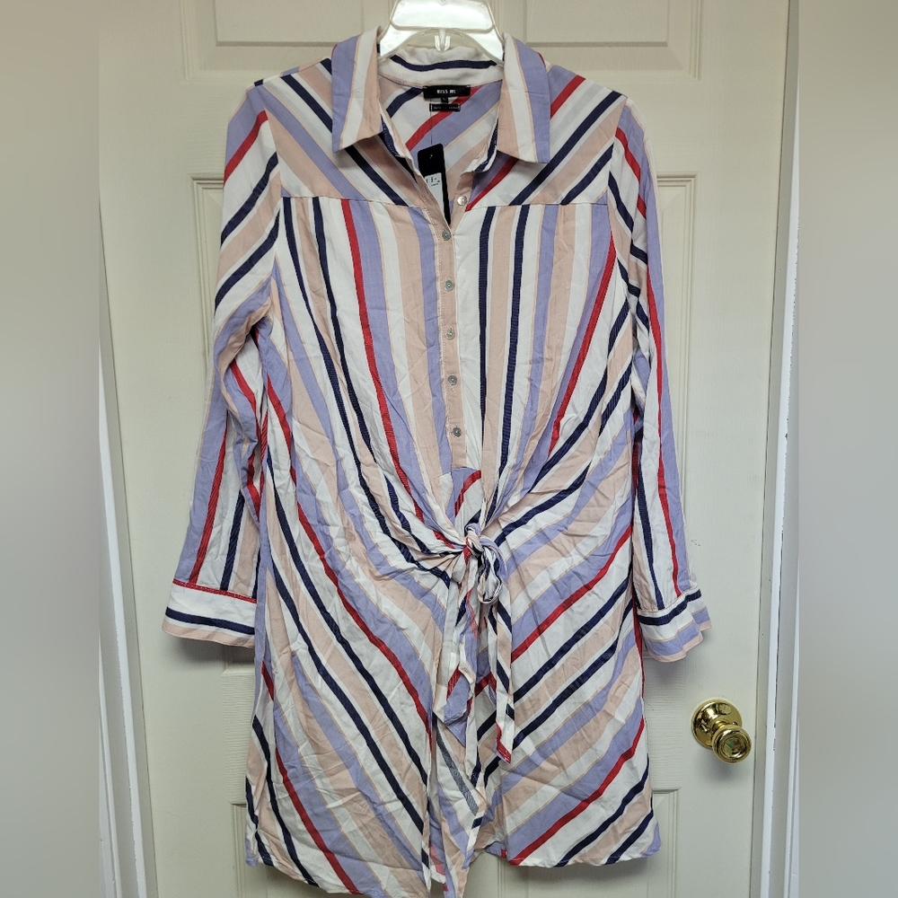 Miss Me Stripe Button Up Knot front Dress NWT size Large